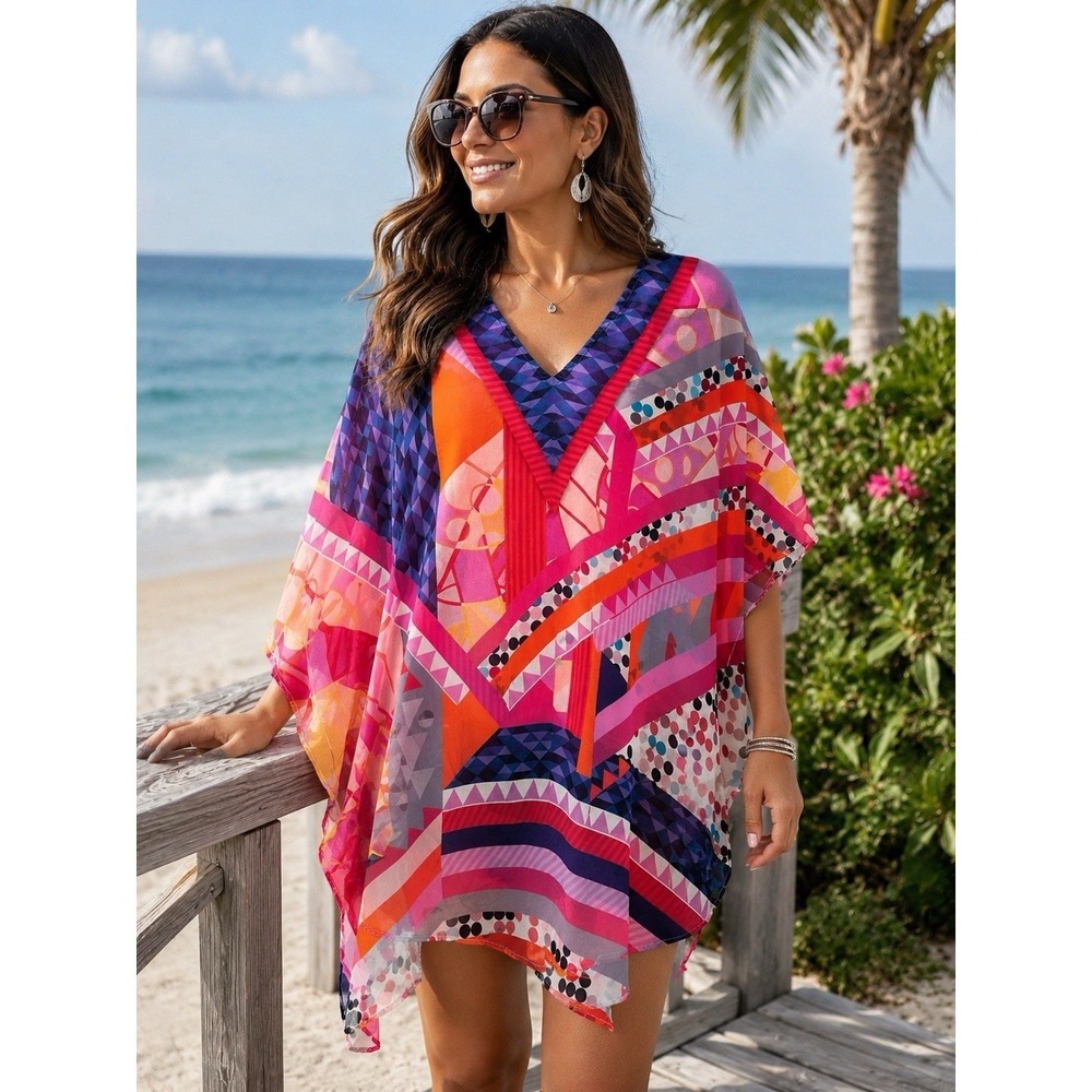 Charlie Paige Geometric Poncho Kaftan Cover Up One Size Colorful Beach Vacation